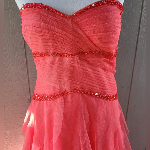 STUNNING Vibrant Coral crinoline Ruffle Strapless evening gown VTG EUC Sz 19/20 - Picture 2 of 9